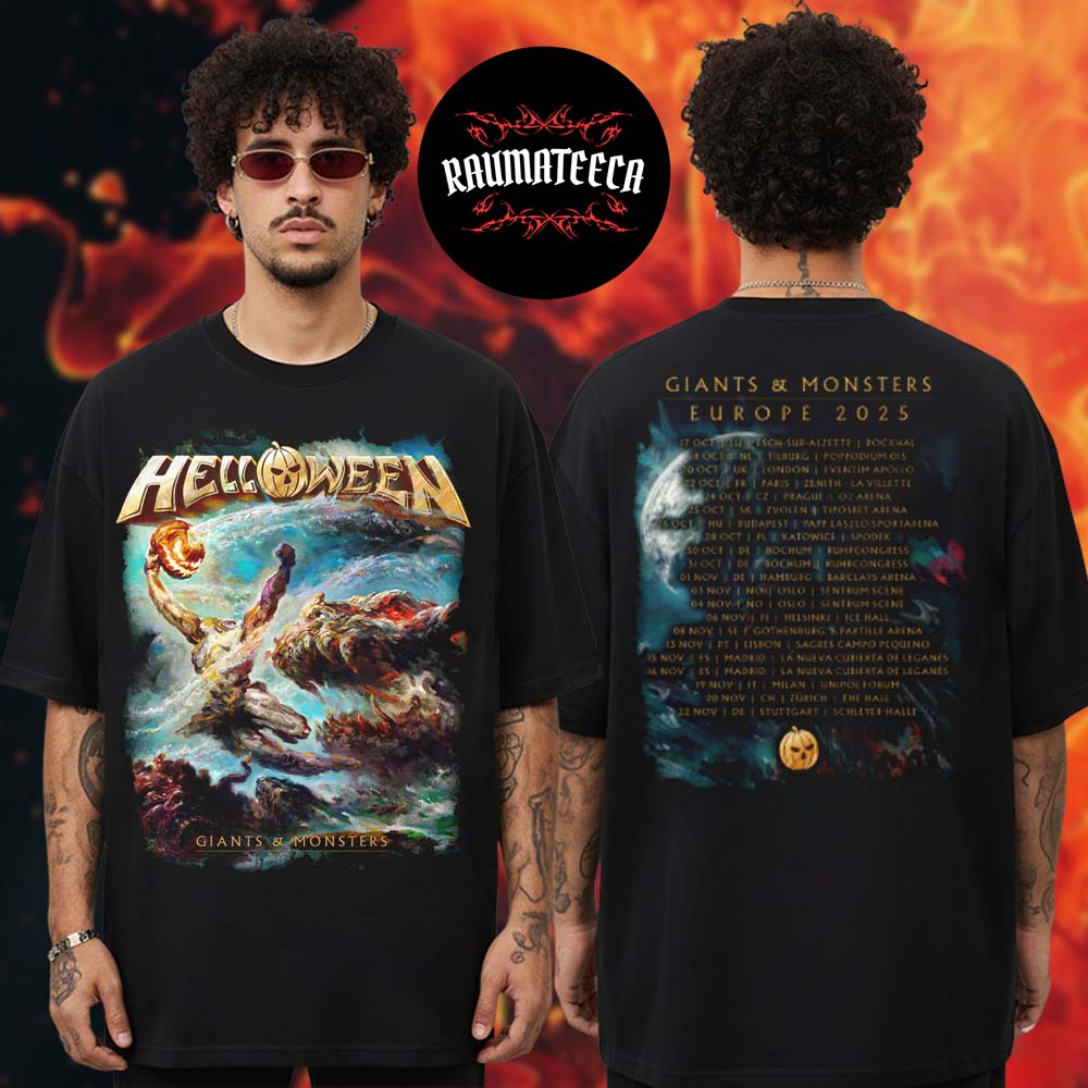Helloween Merch Giants And Monsters Europe 2025 Tour Dates Two Sided Unisex T-Shirt Helloween Merch Giants And Monsters Europe 2025 Tour Dates Two Sided Unisex T-Shirt